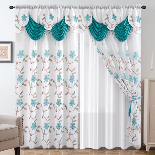 Petrichor Embroidered Sheer Curtain 2 Panels Set - Luxury Window Curtain Attached Valance with Satin Backing and 2 Tie Backs for Living Room,Dining Room, 54x84 inches, Turquoise - Image 1