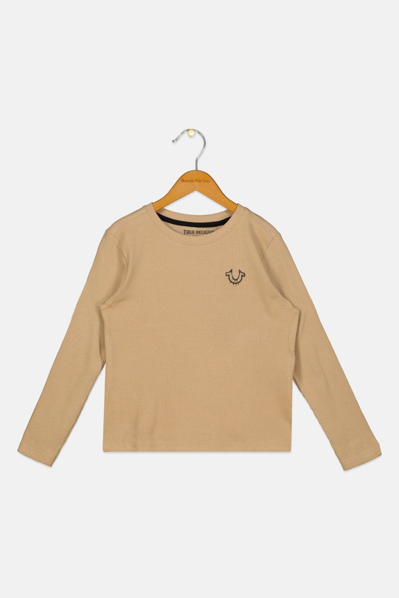 TRUE RELIGION Kids Boy Crew Neck Long Sleeves Graphic Print T-Shirt, Tan - Image 1
