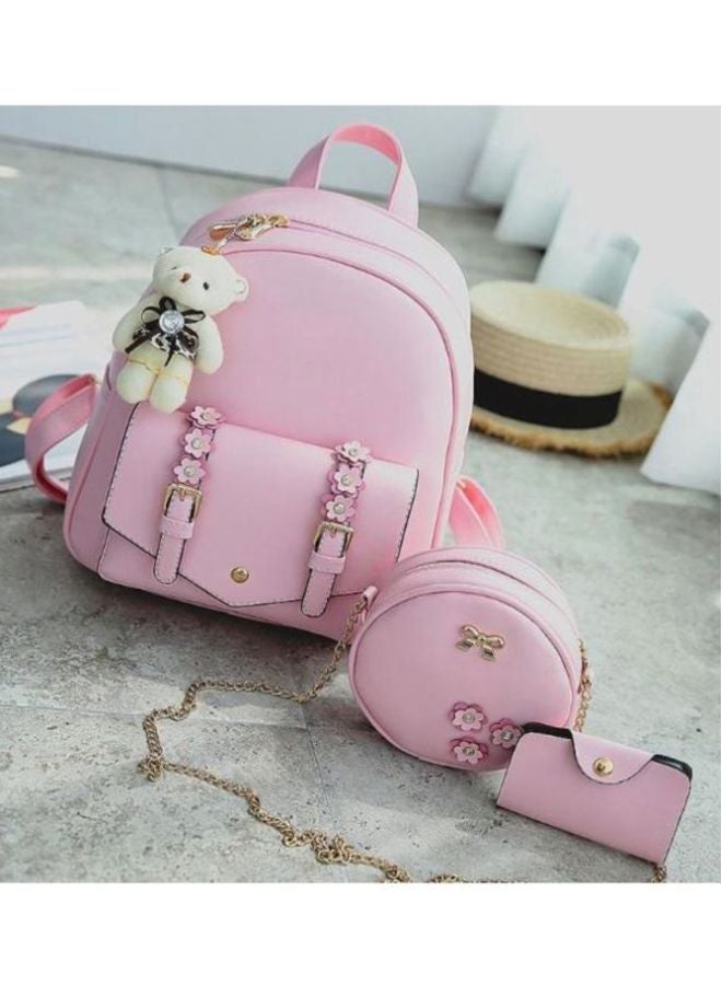 طقم من 3 قطع يشمل حقيبة ظهر، ومحفظة، وحقيبة بحمالة كتف زهري - Image 2