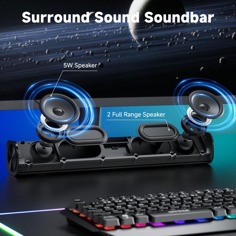SOULION R100 Bluetooth Computer Speakers with Dynamic LED Light, USB Plug & Play PC Speakers with Switch Button, Clearly Sound Soundbar for Desktop Laptop Monitor(USB-C to USB Adapter Included) - Image 3