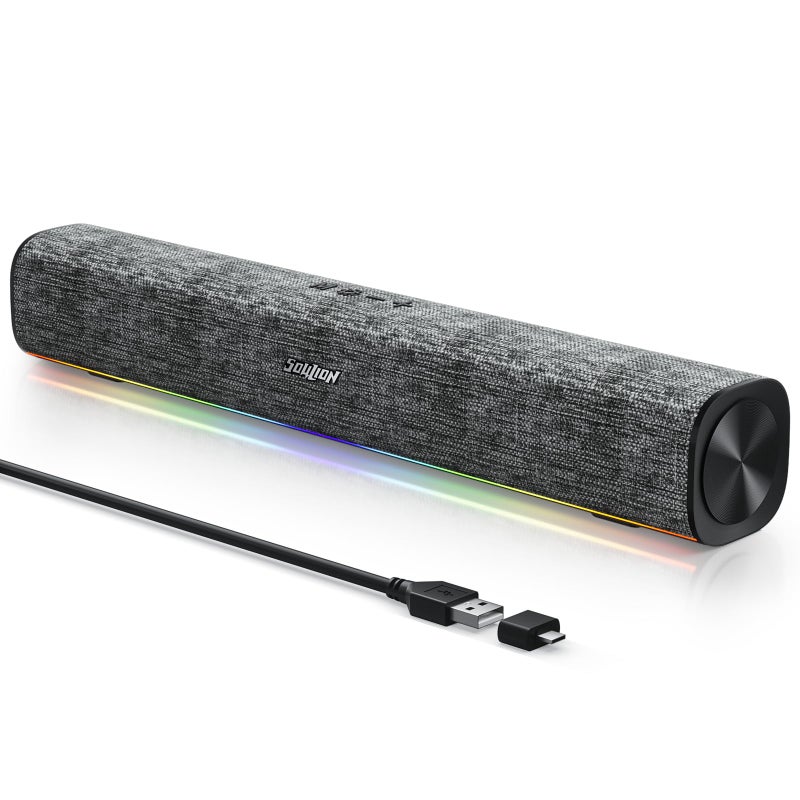 SOULION R100 Bluetooth Computer Speakers with Dynamic LED Light, USB Plug & Play PC Speakers with Switch Button, Clearly Sound Soundbar for Desktop Laptop Monitor(USB-C to USB Adapter Included) - Image 1