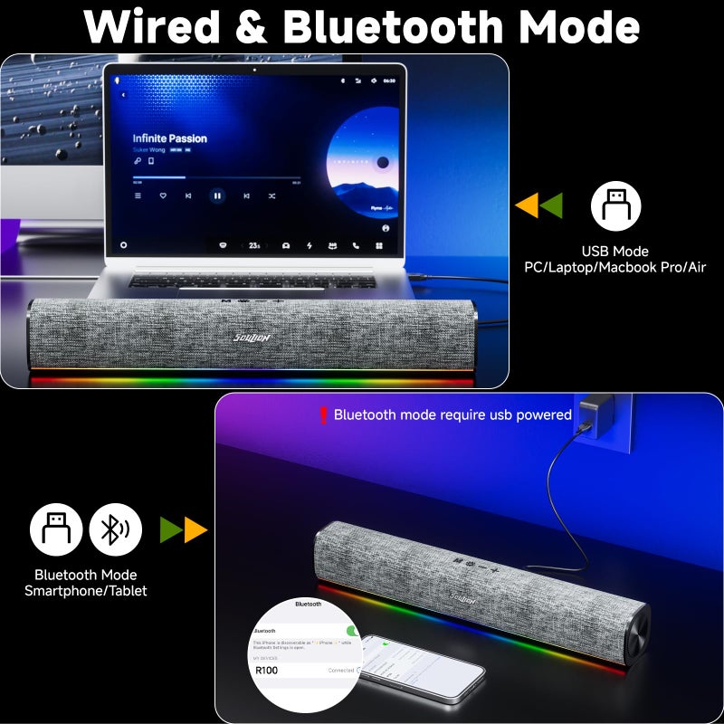 SOULION R100 Bluetooth Computer Speakers with Dynamic LED Light, USB Plug & Play PC Speakers with Switch Button, Clearly Sound Soundbar for Desktop Laptop Monitor(USB-C to USB Adapter Included) - Image 4