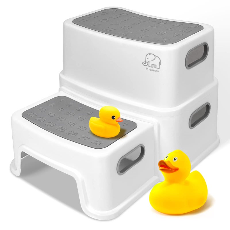 Forbena Toddler Step Stool for Bathroom Sink 2 Step Stool for Kids Toilet Potty Training NonSlip Toddlers Baby Child Kid Plastic Poop Stools with Handle for Kitchen Counter Bed WhiteGrey