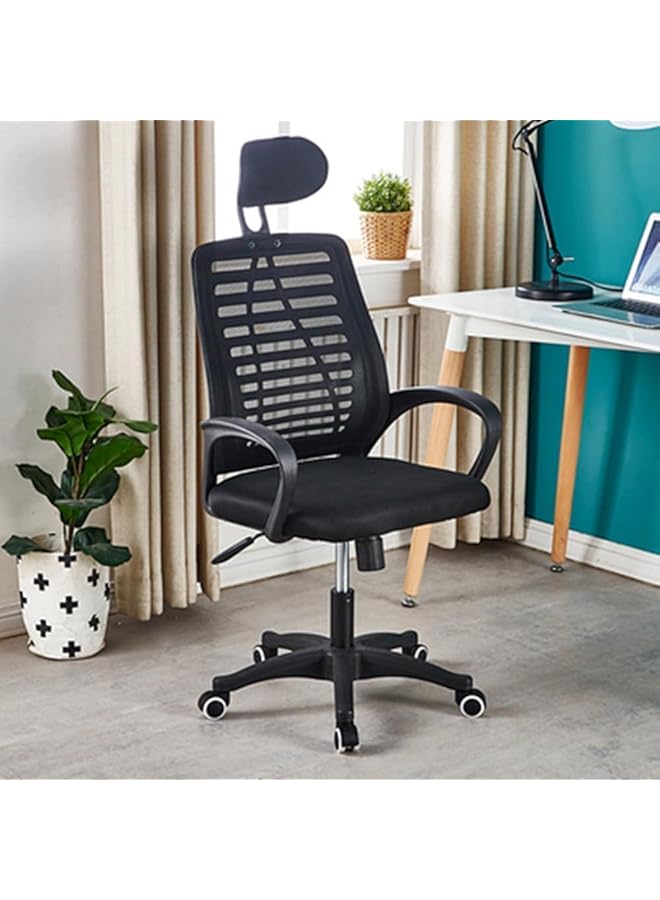 كرسي مكتب مريح من القماش الشبكي مع مسند للذراعين ووسادة سميكة قابلة للتعديل ومسند للرأس وكرسي مكتب دوار عالي الظهر للاستخدام في المنزل والمكتب باللون الأسود