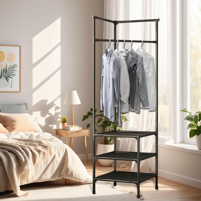 FEELING MALL FEELING MALL Modern Clothing Rack for Hanging Clothes L Shaped Garment Rack with Slide Baskets Adjustable Shelves Metal Clothing Rack for BedroomCorner Black  - Image 1