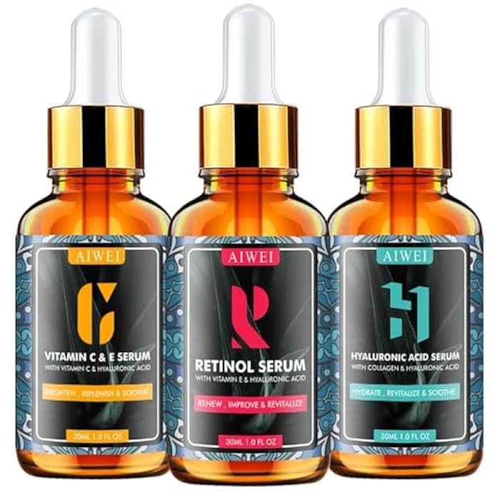 Aiwei Facial Serum Set - Includes Vitamin C, Retinol & Hyaluronic Acid - Improve Skin Texture, Glow & Hydration - Day and Night Face Serums for All Skin Types - Image 1