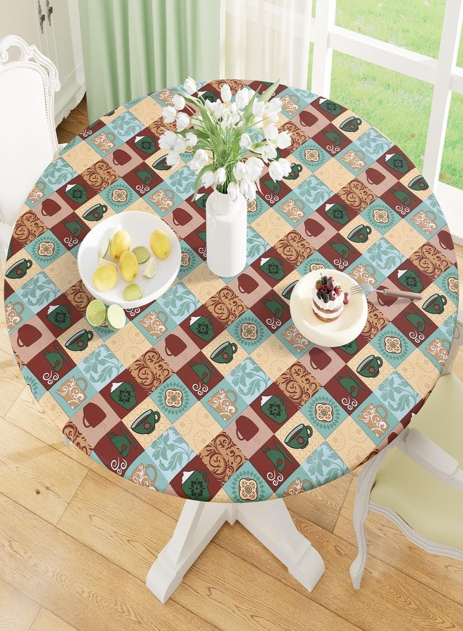 misaya Round Fitted Tablecloth with Elastic Edge, 100% Waterproof Oil Proof Plastic Table Cover, Vinyl Flannel Backed Tablecloth Fits 36"-44" Round Tables for Dinner, Outdoor, Picnic, Patterned Cups - Image 1