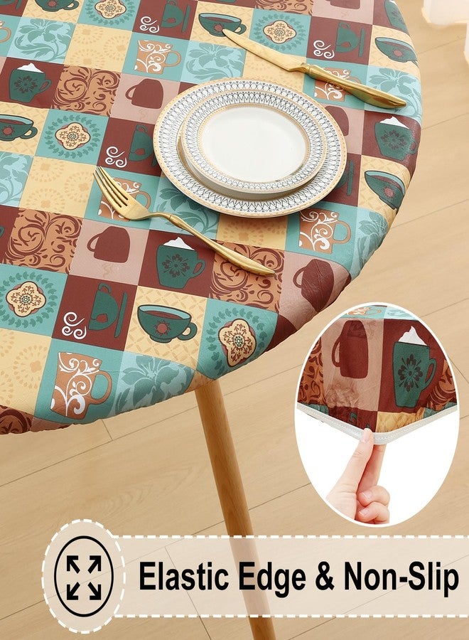 misaya Round Fitted Tablecloth with Elastic Edge, 100% Waterproof Oil Proof Plastic Table Cover, Vinyl Flannel Backed Tablecloth Fits 36"-44" Round Tables for Dinner, Outdoor, Picnic, Patterned Cups - Image 2