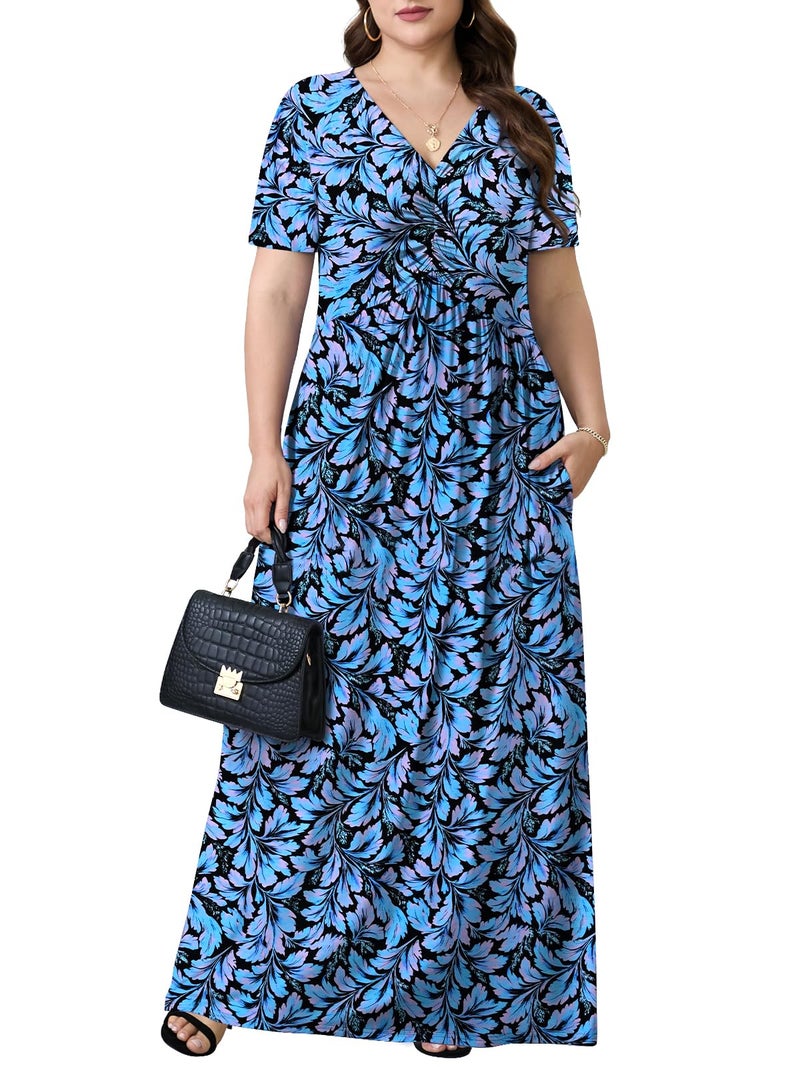 PEVRL Plus Size Maxi Dresses for Women Summer Casual Short Sleeve Long Dress with Pockets Blue Leaf Flower 3X - Image 2
