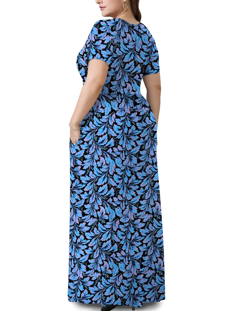 PEVRL Plus Size Maxi Dresses for Women Summer Casual Short Sleeve Long Dress with Pockets Blue Leaf Flower 3X - Image 3