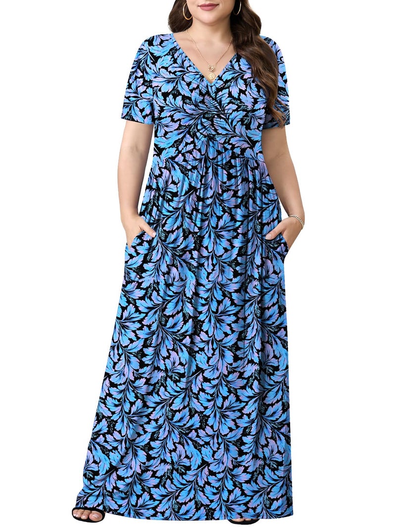 PEVRL Plus Size Maxi Dresses for Women Summer Casual Short Sleeve Long Dress with Pockets Blue Leaf Flower 3X - Image 1