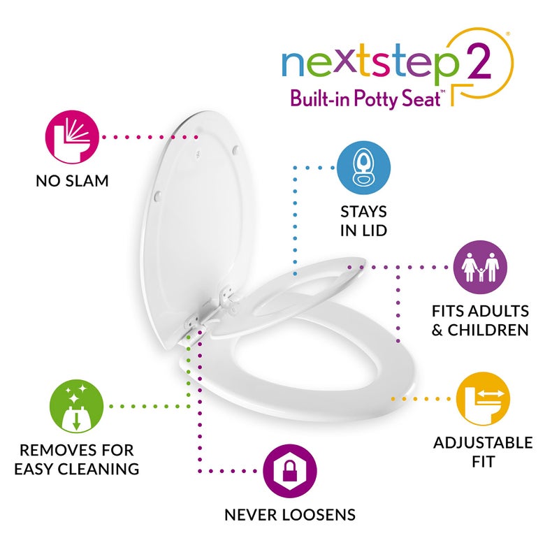 Mayfair NextStep2 Toilet Seat with Built-In Toddler Potty Training Seat, Slow Close, Easy Clean, Magnetic Removable Kids Seat, ELONGATED, White - Image 2