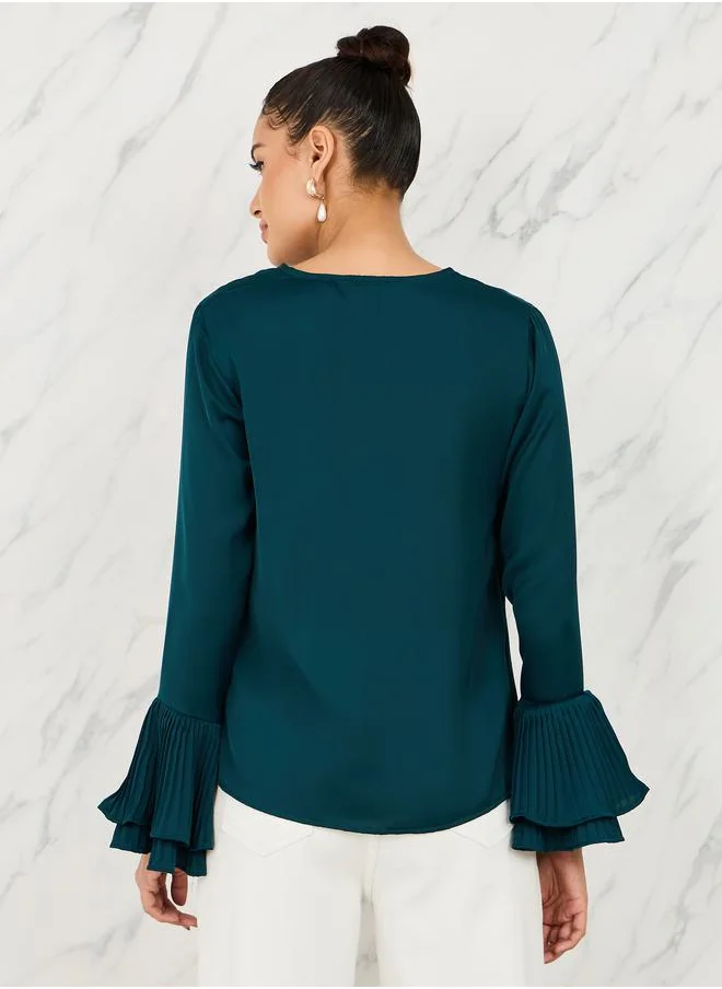 Styli Satin Pleated Flute Sleeves Wrap Top