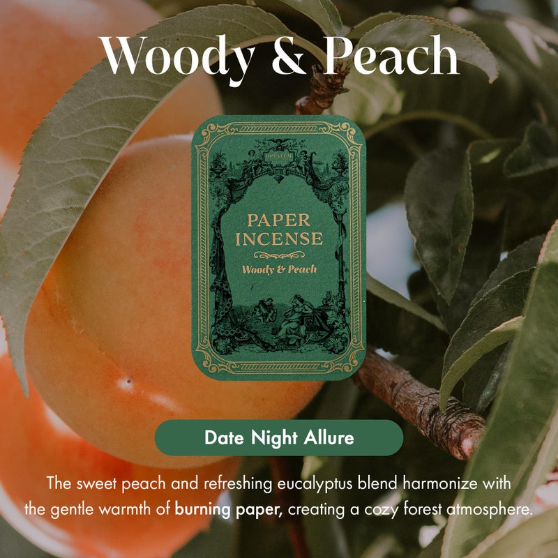 OPTATUM Paper Incense - 48pcs with Vintage Tin Case, Burning Papers Infused with Natural Essential Oils, Quick Usage & Long-Lasting Fragrance, Eliminating Bathroom, Kitchen, Pet Odors - Woody & Peach - Image 2