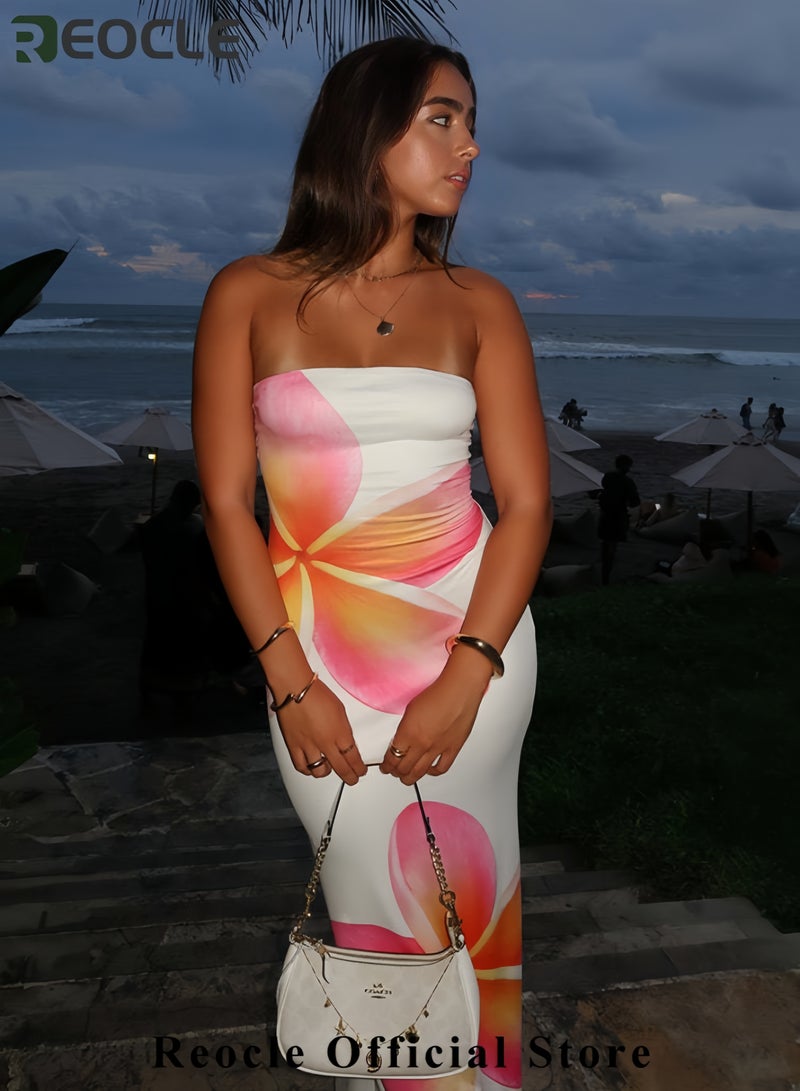 REOCLE Strapless Bodycon Summer Dresses for Women Floral Mesh Tube Top Long Party Cocktail Dress Slit Side - Image 2
