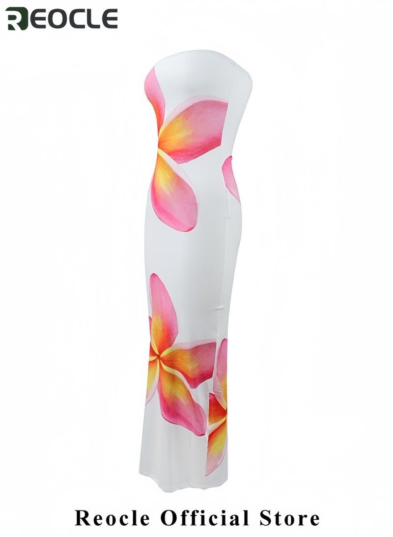 Strapless Bodycon Summer Dresses for Women Floral Mesh Tube Top Long Party Cocktail Dress Slit Side