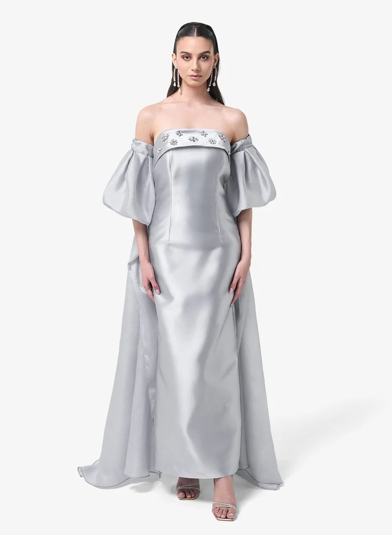 Threadz by Ajooni  Off Shoulder Mesh Detail Maxi Dress for Women | Best Price UAE