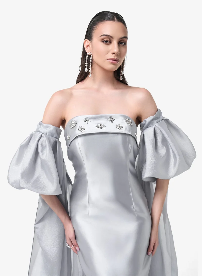 Threadz by Ajooni  Off Shoulder Mesh Detail Maxi Dress for Women | Best Price UAE