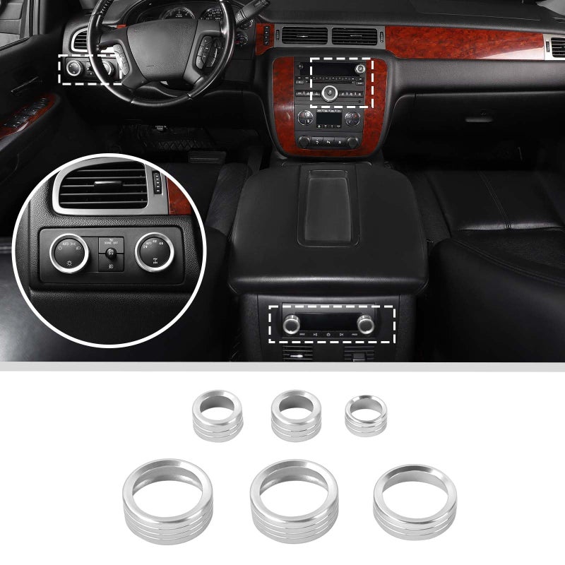 JWWY Center Console HVAC Dashboard Climate Control Knob Light Radio Switch Button Knob Cover Fit for 20072013 Chevy SilveradoSuburbanAvalancheTahoe GMC Yukon Aluminum Alloy 6PCS Silver