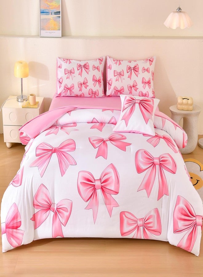 Tasselily 6 Pcs Bed in A Bag Twin Comforter Set for Girls,Pink Bow Bedding,Bow Comforter Sets with Sheets for Kids - Image 1