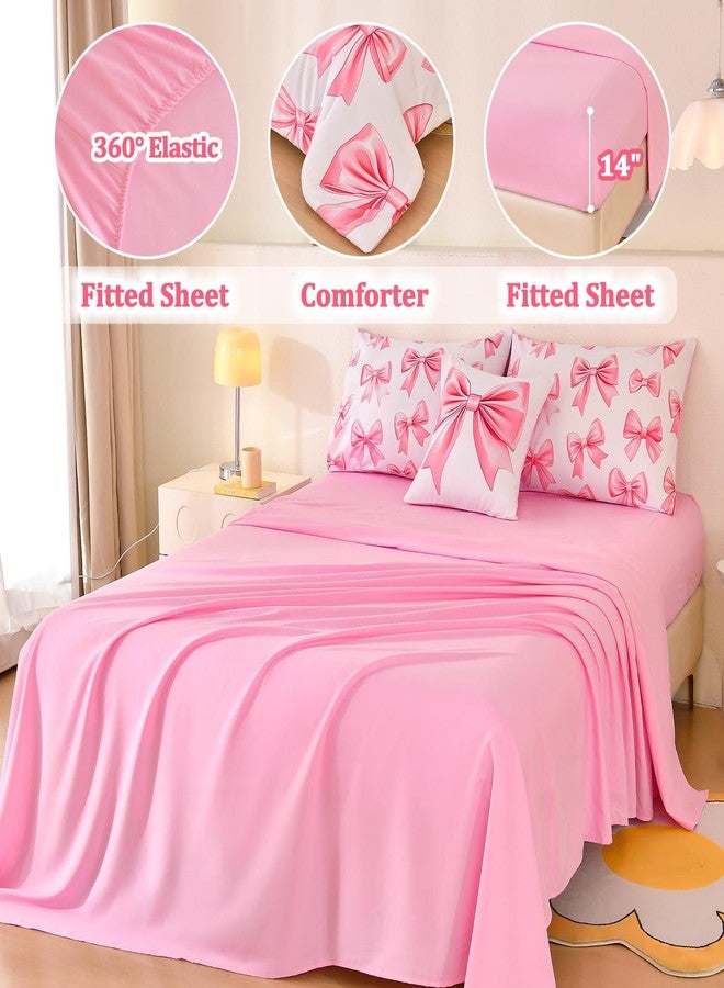 Tasselily 6 Pcs Bed in A Bag Twin Comforter Set for Girls,Pink Bow Bedding,Bow Comforter Sets with Sheets for Kids - Image 4