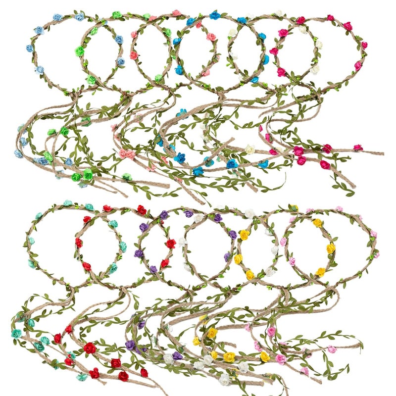 HOPEANT 12PCS Multicolor Flower Crown Floral Headband Wreath Garland Headbands 16 Pieces Flowers Tie on Ratton and Hemp RopeUnique Design for Women Wedding Party Photo Props 