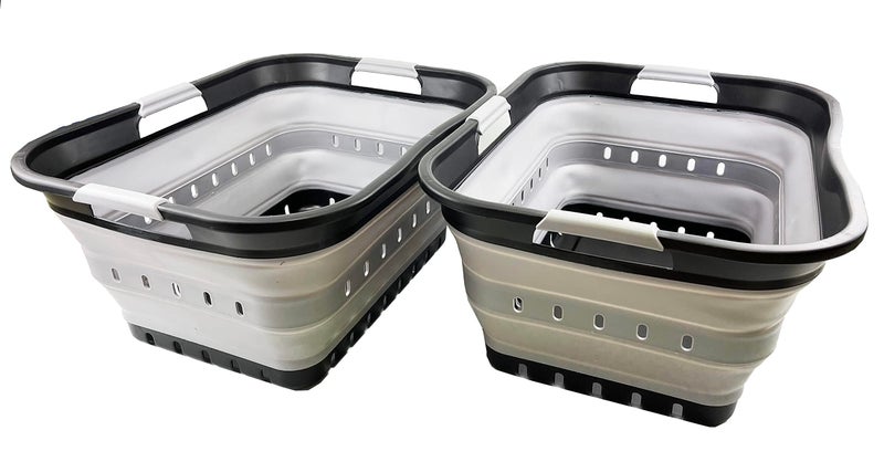 SAMMART 42L 11 gallon Collapsible Plastic Laundry Basket  Foldable Pop Up Storage ContainerOrganizer  Portable Basket  Space Saving Hamper BlackAlloy Grey Set of 2