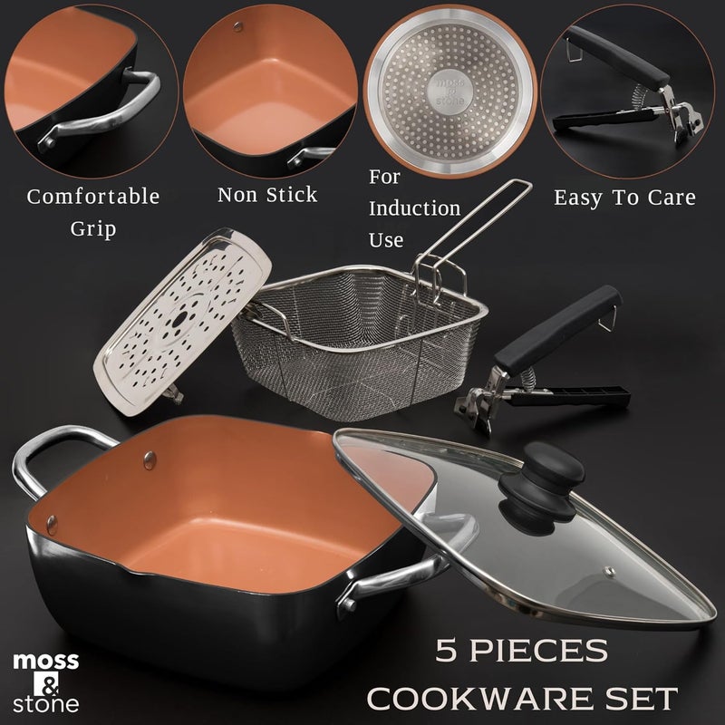 Moss & Stone Copper 5 Piece Set Chef Cookware, Non Stick Pan, Deep Square Pan, Fry Basket, Steamer Tray, Dishwasher & Oven Safe, 5 Quart Copper Pot Set, Black Induction Cookware Set - Image 3