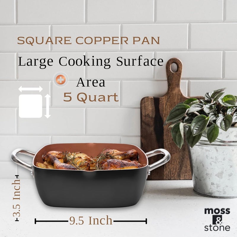 Moss & Stone Copper 5 Piece Set Chef Cookware, Non Stick Pan, Deep Square Pan, Fry Basket, Steamer Tray, Dishwasher & Oven Safe, 5 Quart Copper Pot Set, Black Induction Cookware Set - Image 2