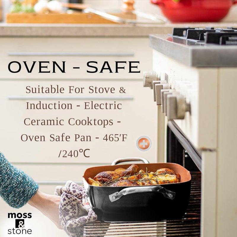 Moss & Stone Copper 5 Piece Set Chef Cookware, Non Stick Pan, Deep Square Pan, Fry Basket, Steamer Tray, Dishwasher & Oven Safe, 5 Quart Copper Pot Set, Black Induction Cookware Set - Image 5