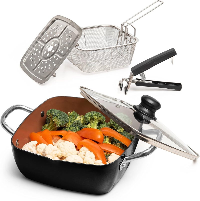 Moss & Stone Copper 5 Piece Set Chef Cookware, Non Stick Pan, Deep Square Pan, Fry Basket, Steamer Tray, Dishwasher & Oven Safe, 5 Quart Copper Pot Set, Black Induction Cookware Set - Image 1