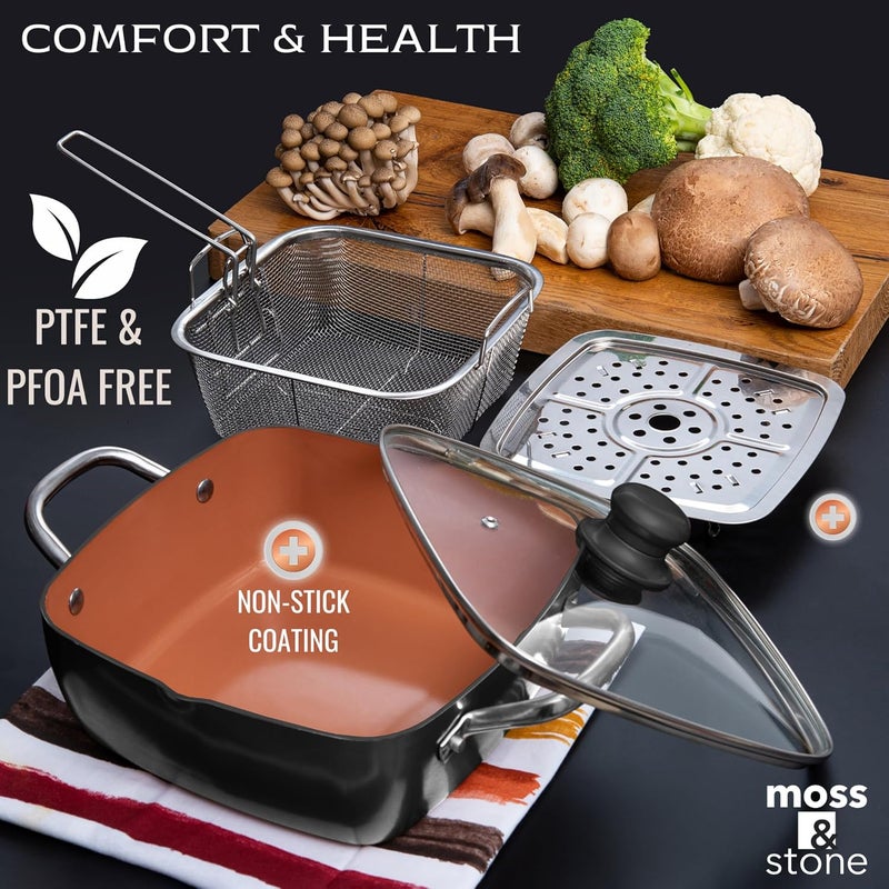 Moss & Stone Copper 5 Piece Set Chef Cookware, Non Stick Pan, Deep Square Pan, Fry Basket, Steamer Tray, Dishwasher & Oven Safe, 5 Quart Copper Pot Set, Black Induction Cookware Set - Image 4