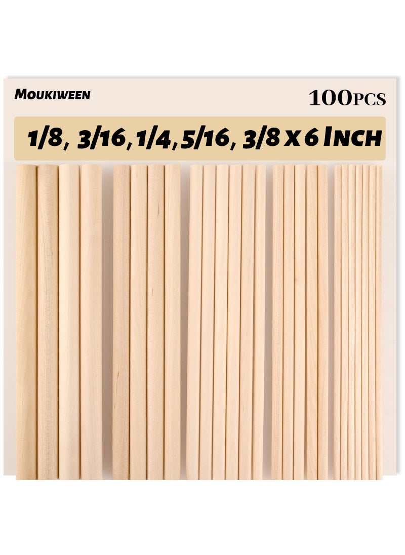 Moukiween Moukiween Wooden Dowel Rods 100PCS 18 316 14 516 38 x 6 Inch Assorted Sizes Round Wooden Sticks for Arts Crafts Home Decor Cake Support Unfinished Natural Hardwood Sticks 
