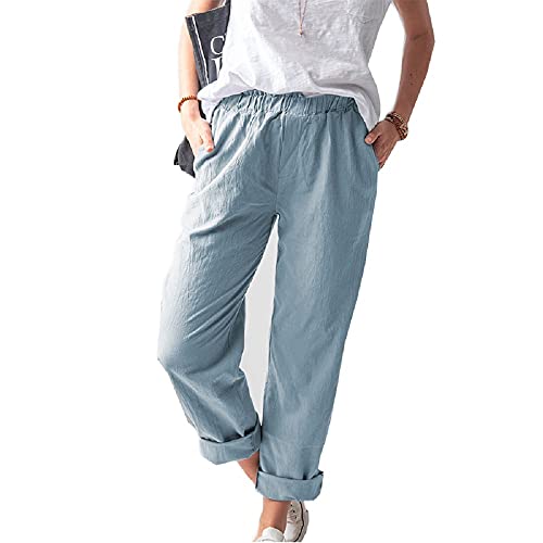 WROLEM Women's Straight Pants Elastic Waist Casual Trousers Pants with Pockets Navy Blue - Image 1