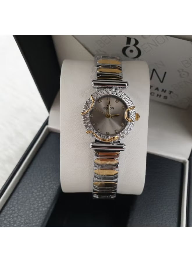 Women's stainless steel wristwatch adorned with zircon stones, water-resistant, modern and high quality, silver and gold bracelet with a gray dial