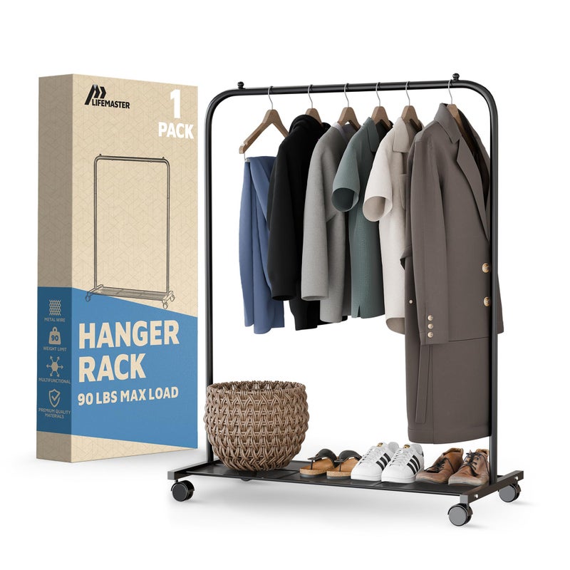 Lifemaster Alloy Steel Clothes Rack - Pack of 1 Versatile, Ample Storage Space, Simple Assembly, Hanging Garment and Clothes Rolling Rack with Wheels - Black - Image 1