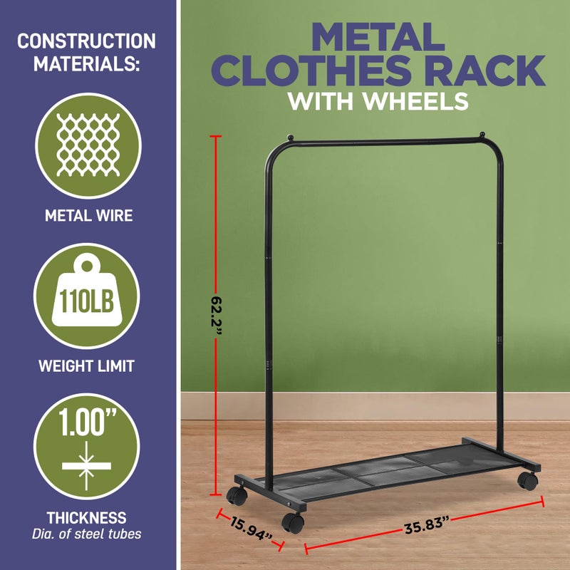 Lifemaster Alloy Steel Clothes Rack - Pack of 1 Versatile, Ample Storage Space, Simple Assembly, Hanging Garment and Clothes Rolling Rack with Wheels - Black - Image 2