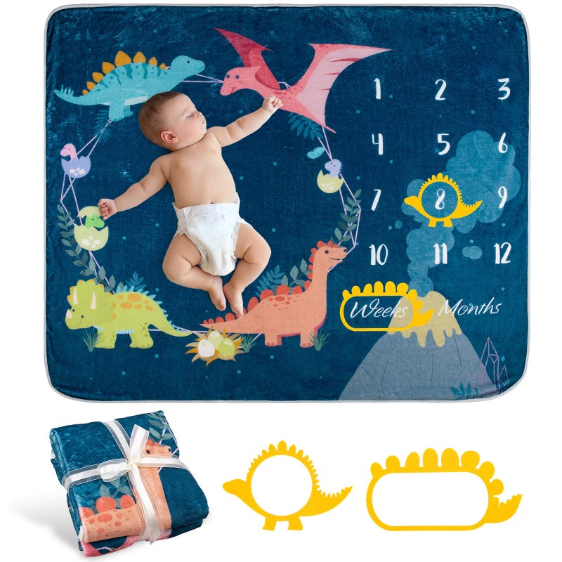 Whaline Whaline Baby Monthly Milestone Dinosaur Theme Blanket  Newborn Photography Prop Flannel Nap Mat Backdrop With 2 Frames Cartoon Growth Photo Mat for Girl Boy Shower Gift 50 x 40