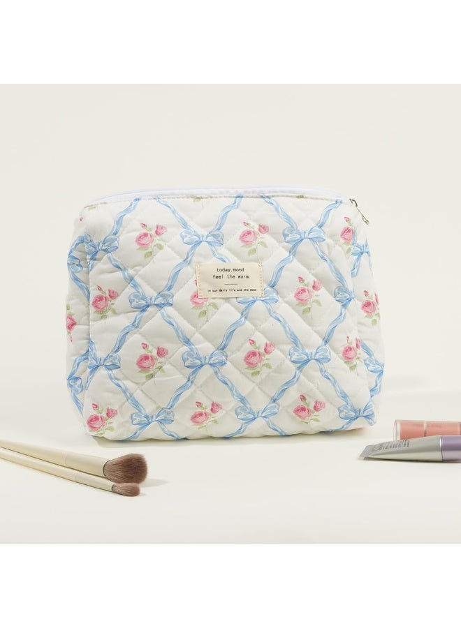 3PCS Cotton Quilted Makeup Bag, Blue Bow Floral Makeup bag Set Large Puffy Makeup Bag  Set for  for Women Girls - Image 4