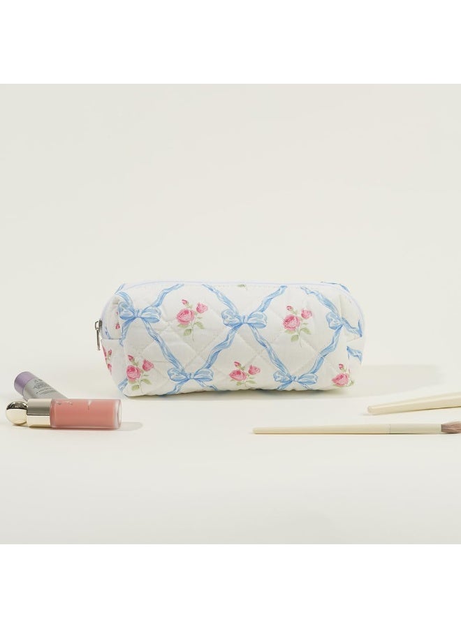 3PCS Cotton Quilted Makeup Bag, Blue Bow Floral Makeup bag Set Large Puffy Makeup Bag  Set for  for Women Girls - Image 3