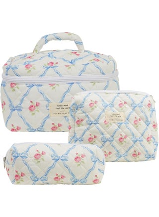 3PCS Cotton Quilted Makeup Bag, Blue Bow Floral Makeup bag Set Large Puffy Makeup Bag Set for for Women Girls