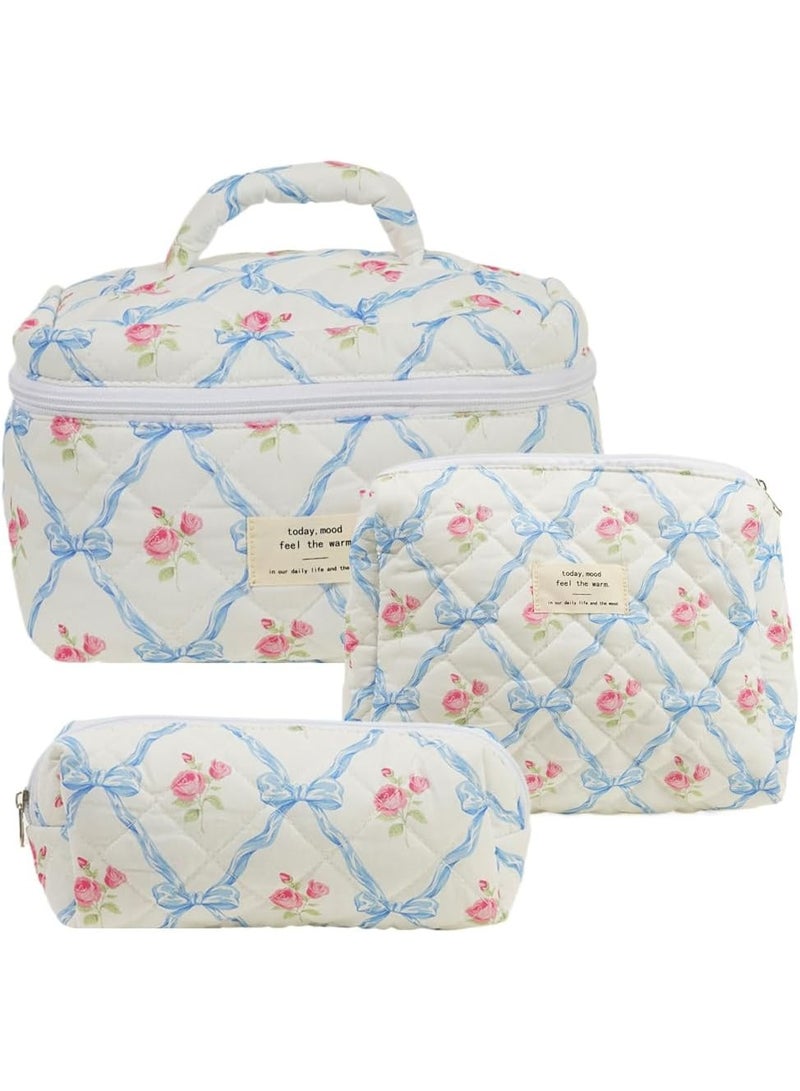 3PCS Cotton Quilted Makeup Bag, Blue Bow Floral Makeup bag Set Large Puffy Makeup Bag  Set for  for Women Girls - Image 1