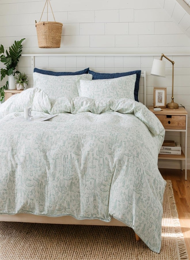 Brandream Duvet Cover Set Twin Size 100% Muslin Cotton 3-Piece Sage Green Country Toile Bedding Set Nature-Inspired Botanical Mushroom Print Bedding (Comforter Insert Not Included) - Image 2