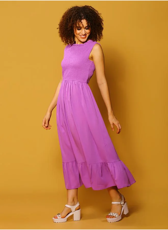 Sera Solid Smocked Fit & Flare Maxi Dress by Styli
