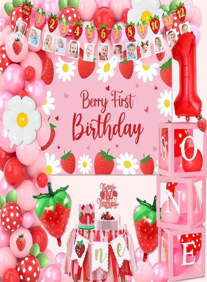 FengRise Berry First Birthday Decor, Strawberry 1st Birthday Decorations for Girls with Balloon Arch Kit Berry First Theme Balloon Boxes Crown Strawberry Cake Toppers Photo Banner Girl 1st Party supplies - Image 1