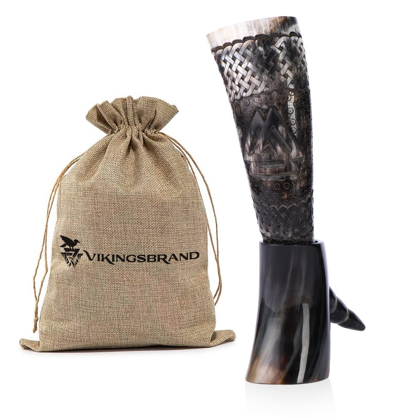 VikingsBrand Authentic Handmade Viking Drinking Horn  Medieval Norse Ale Drinking Mug with Stand  Hand Engraved Vikings Drink Cup  Food Safe Beer Horns Big Valknut