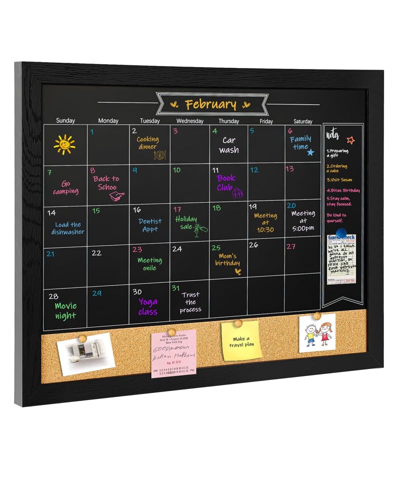 TORASO Magnetic Chalkboard Calendar Corkboard, Small Combination Chalk Board Bulletin Board, 13" x 17",Black Wood Framed Blackboard Calendar Cork Combo Board(ZHHB-BK-3343) - Image 1