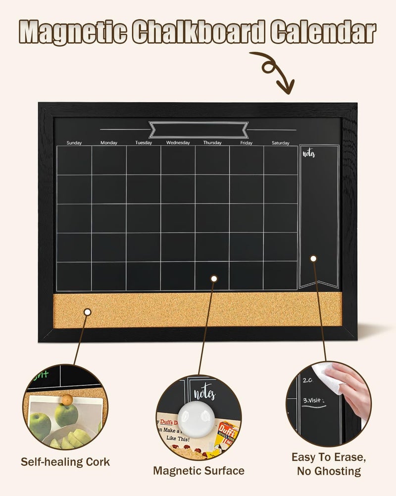 TORASO Magnetic Chalkboard Calendar Corkboard, Small Combination Chalk Board Bulletin Board, 13" x 17",Black Wood Framed Blackboard Calendar Cork Combo Board(ZHHB-BK-3343) - Image 3