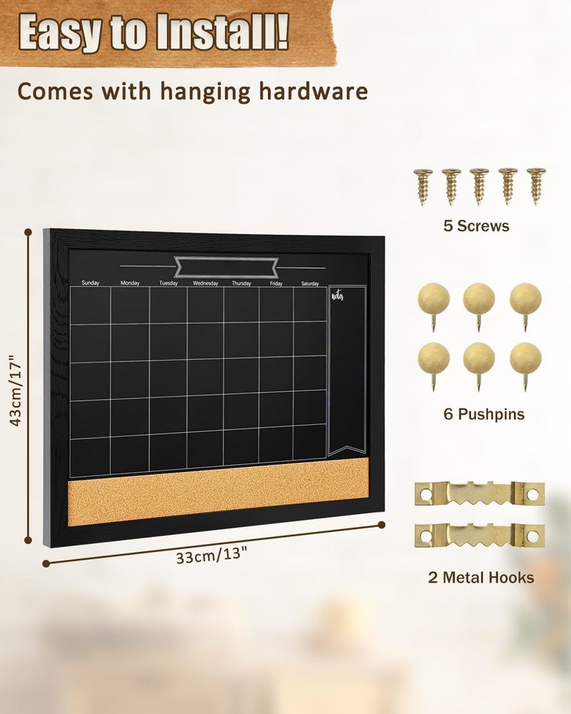 TORASO Magnetic Chalkboard Calendar Corkboard, Small Combination Chalk Board Bulletin Board, 13" x 17",Black Wood Framed Blackboard Calendar Cork Combo Board(ZHHB-BK-3343) - Image 2