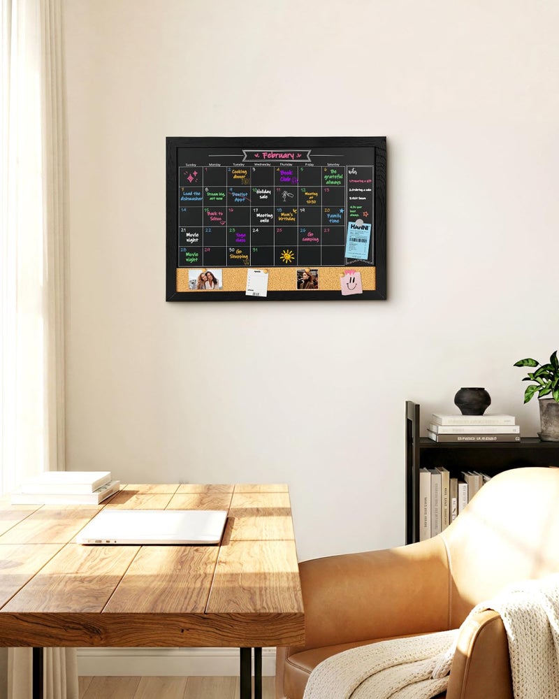 TORASO Magnetic Chalkboard Calendar Corkboard, Small Combination Chalk Board Bulletin Board, 13" x 17",Black Wood Framed Blackboard Calendar Cork Combo Board(ZHHB-BK-3343) - Image 4